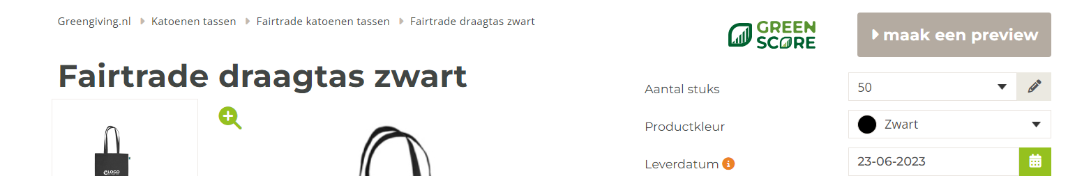 Green Score for en Fairtrade-mulepose i bomuld på produktsiden