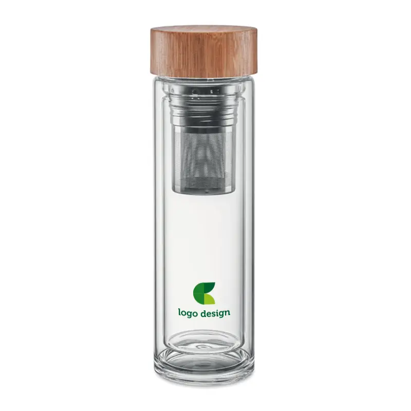 Dobbeltvægget glasflaske med bambuslåg, tefilter og logo