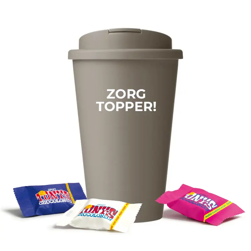 Genanvendeligt kaffekrus med Tony’s-chokolade til medarbejdere i sundhedssektoren