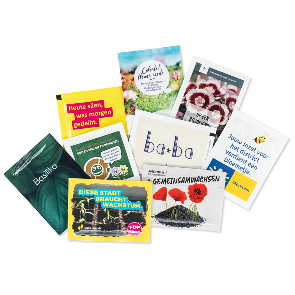 Frøposer med tryk som bæredygtig giveaway til foråret